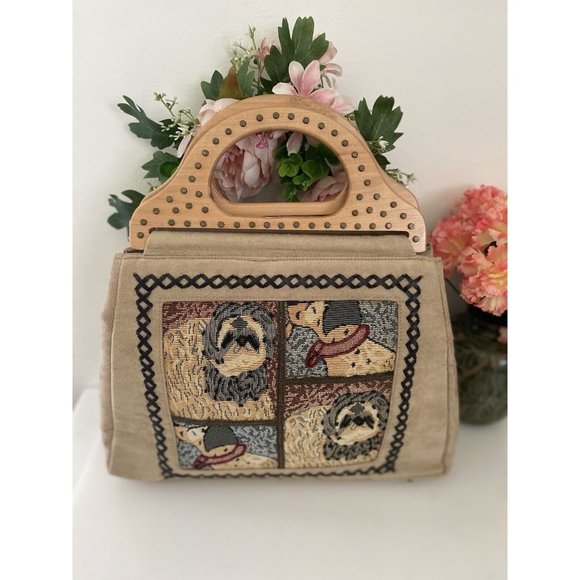 Dalmatian Shih Tzu Dog Beaded Tapestry Faux Velour Handbag Bag Wood Stud Handles - Picture 1 of 16